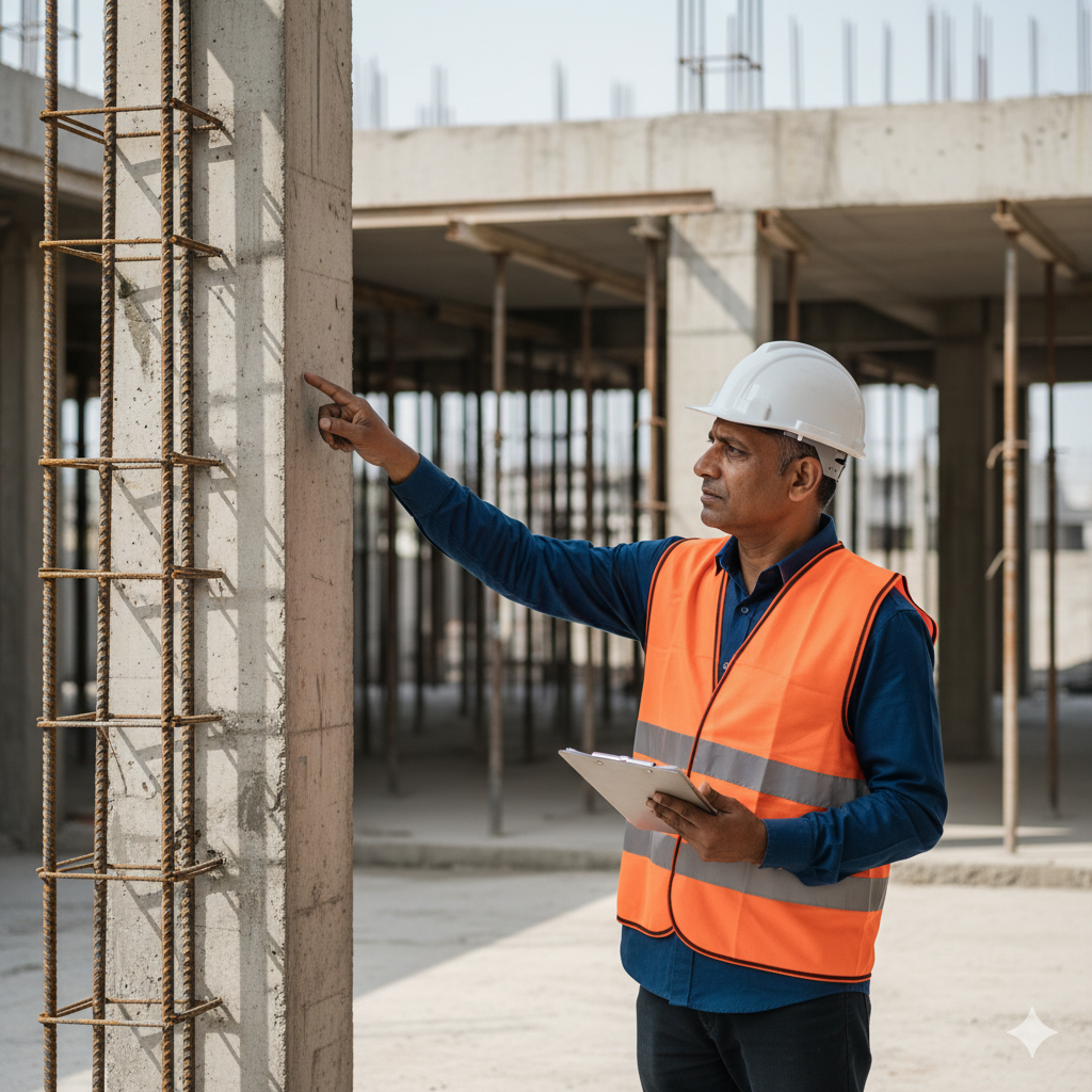 Structural engineer inspecting building safety on site
